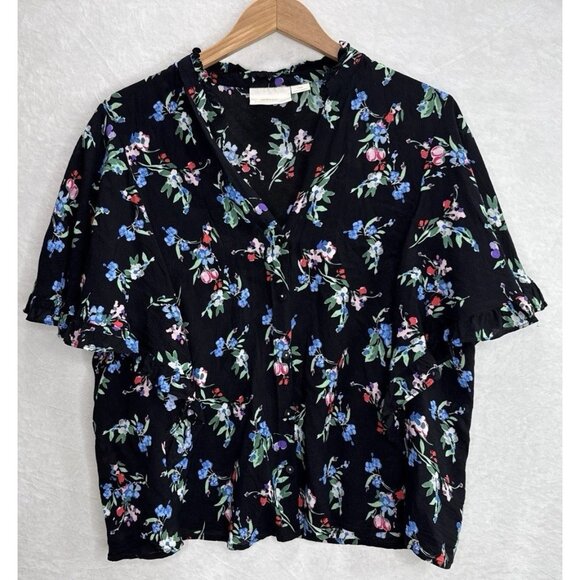 Anthropologie Maeve Aveiro Women's Black Floral Flutter Sleeve Top Size Large - Picture 6 of 10